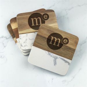ENGRAVED ACACIA AND FAUX MARBLE COASTERS - SET OF 4