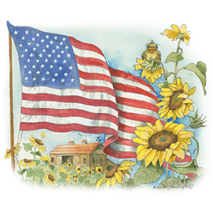 FLAG AND SUNFLOWERS