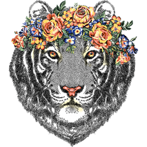 TIGER HEAD WITH FLOWERS