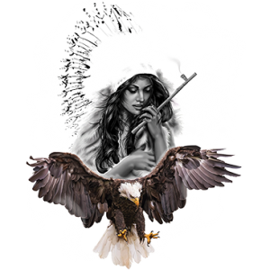 NATIVE GIRL WITH EAGLE & WOLF