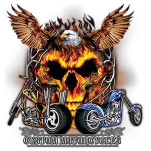 MOTORCYCLES AND FLAMING SKULL