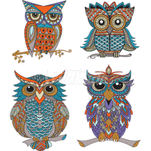 FOUR PERCHED OWLS