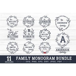 Family Monogram Bundle with 11 Wreath Frames Cut File